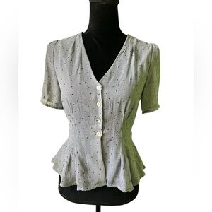 All:Row Gray Polka Dot Short Sleeve Peplum Blouse Top Button Front Small